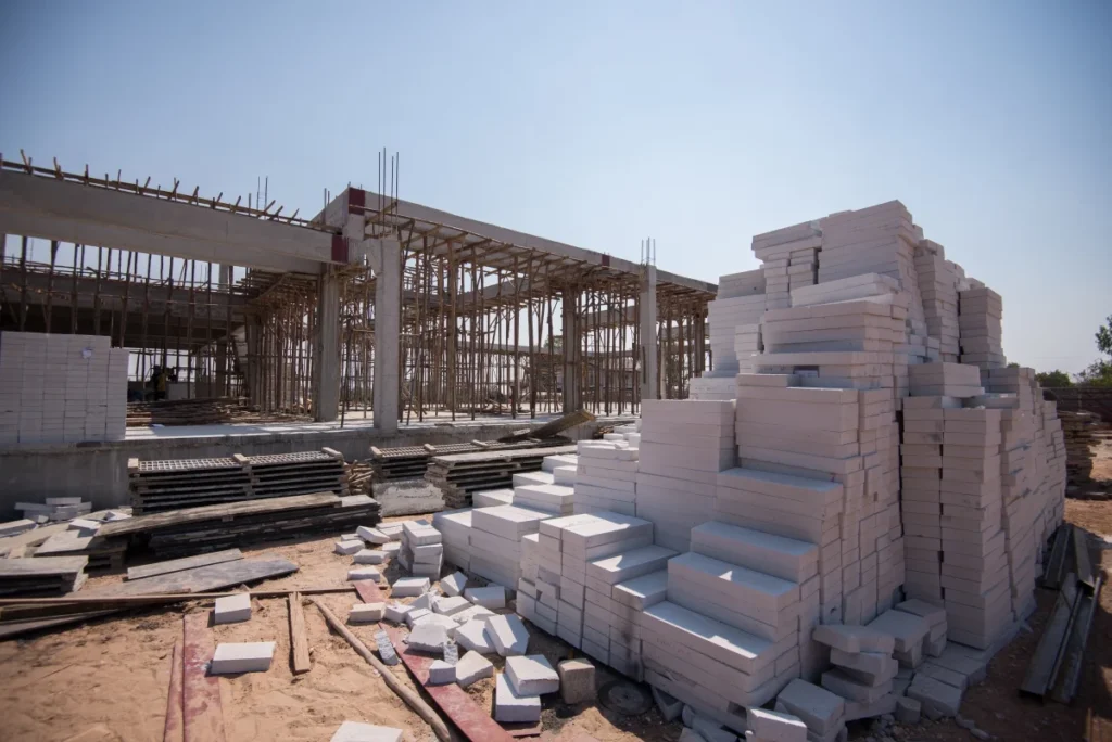 Building under construction with AAC block walls